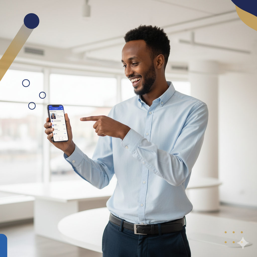 Man smiling while using the Eshi language learning app on his phone